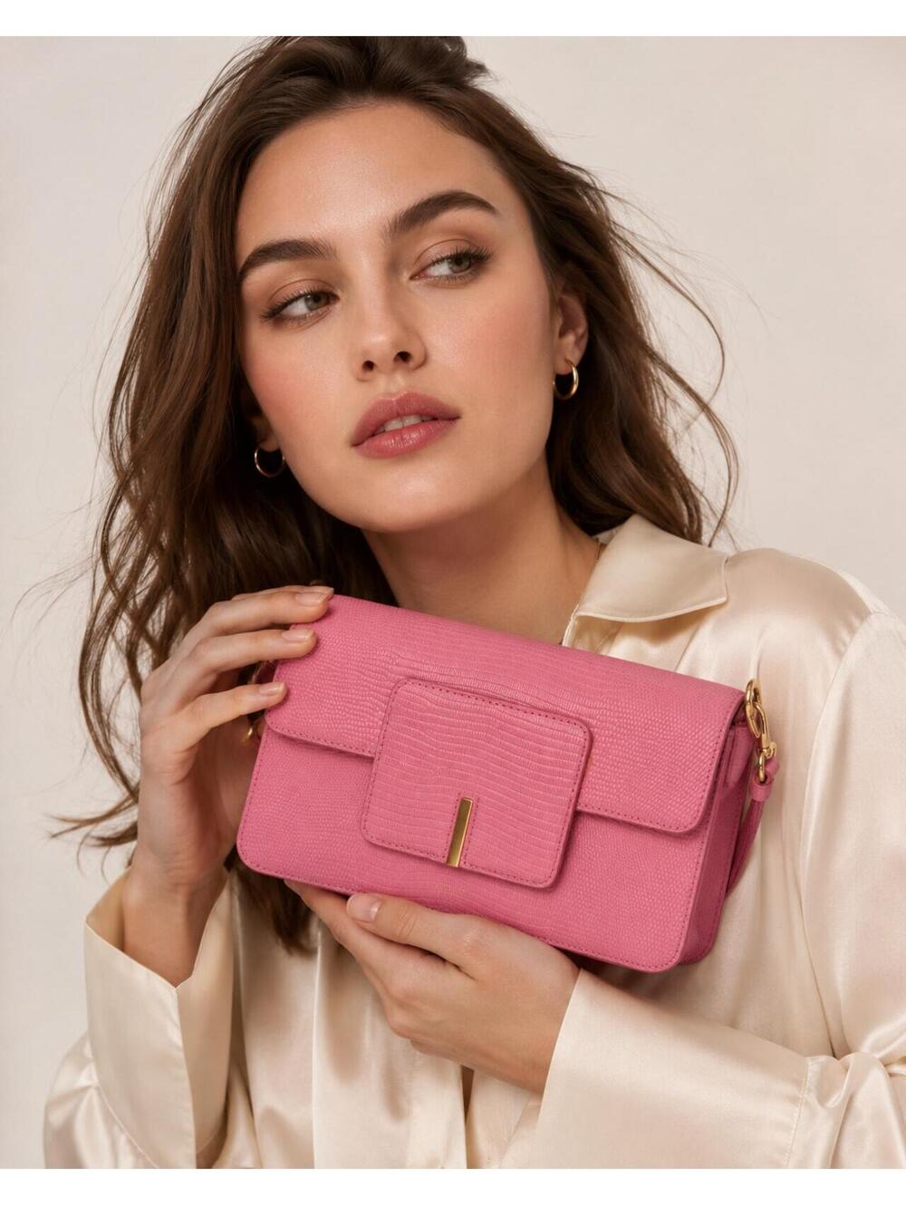 Wandler Georgia Pink Lizard-Embossed Leather Shoulder Bag | NWT